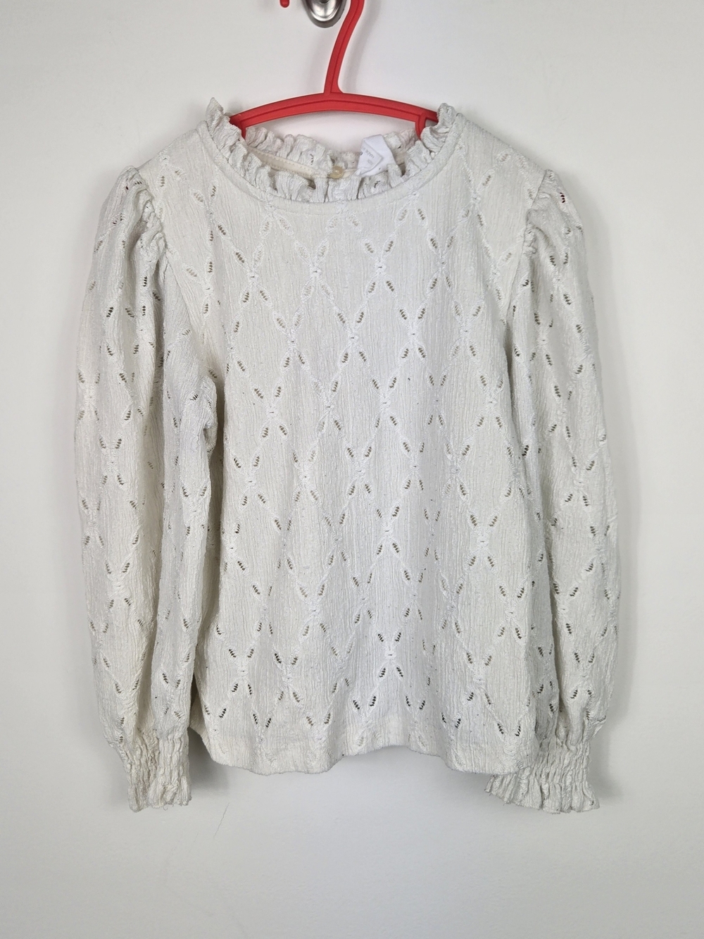 Zara Girls Cream Pointelle Ruffle Neck Long Sleeve Top Size 6